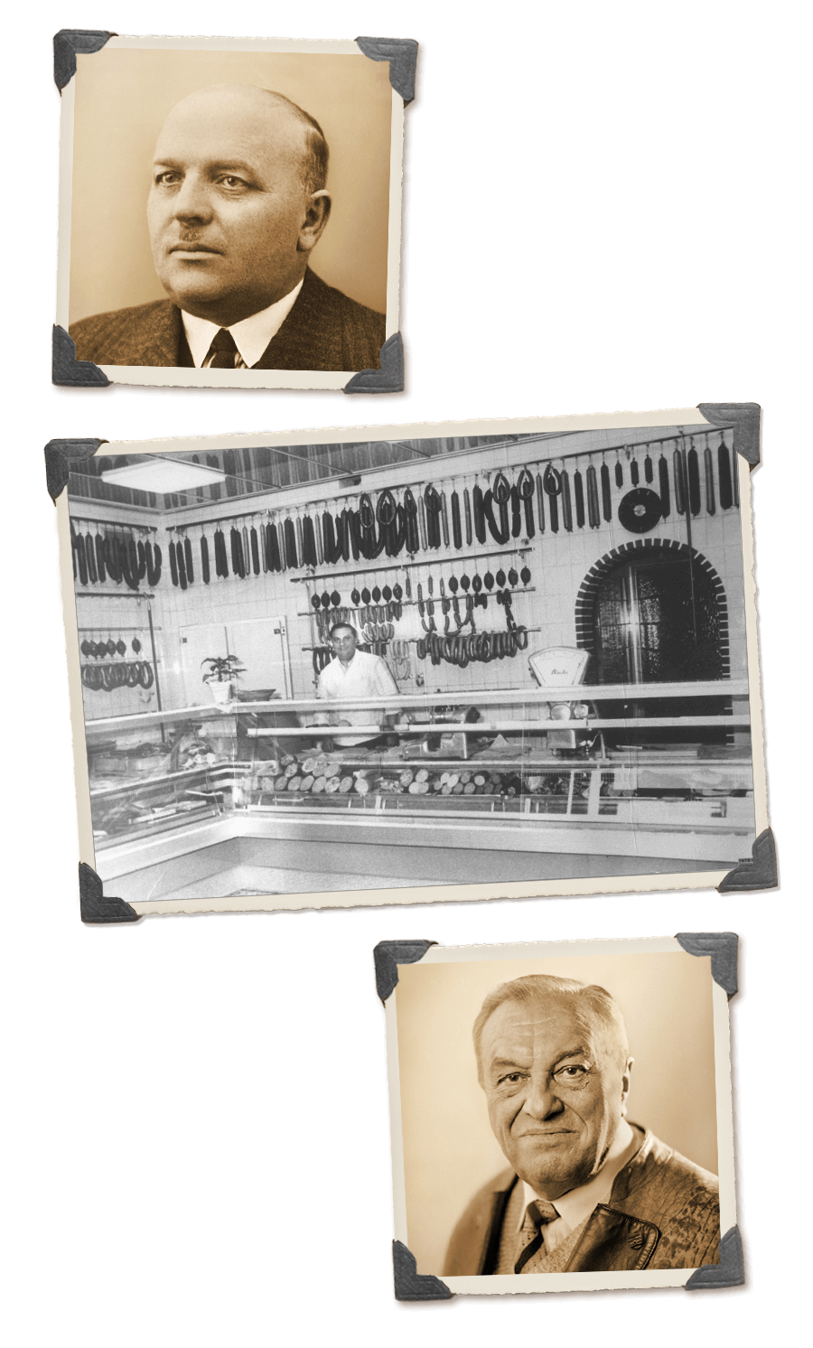 Porträt von Firmengründer „Alois Wolf“ der Metzgerei Wolf Schwarzweiß-Foto vom Verkaufsraum der Metzgerei in den 1950er Jahren mit einem Mitarbeiter.  Porträt von Sohn und Nachfolger „Karl Wolf“ in zweiter Generation.