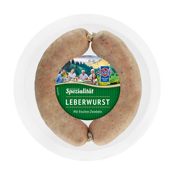 Das Wolfprodukt "Leberwurst" in einer durchsichtigen Verpackung.