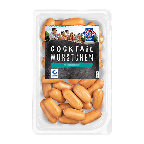 Wolf Produkt "Cocktail Würstchen" in einer eckigen Verpackung.