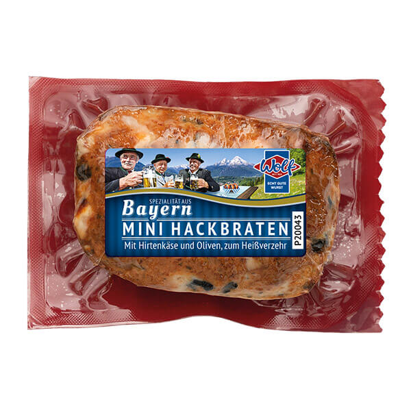 Wolf Produkt: Mini Hackbraten mit Feta und Olive. Die Verpackung ist rot.