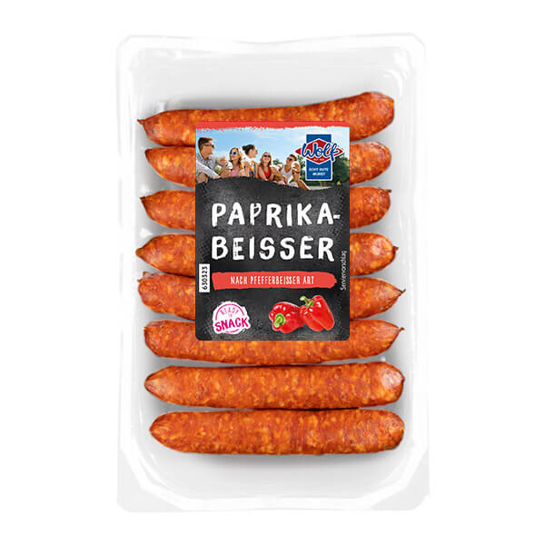 Wolf Produkt "Paprika Beißer" in einer eckigen Verpackung.