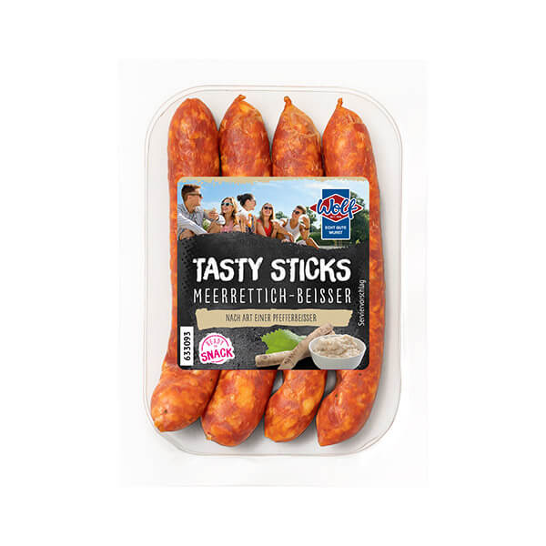 Wolf Produkt "Taste Sticks - Meerrettichbeißer" in einer eckigen Verpackung.