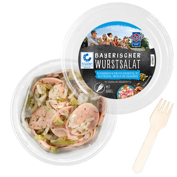 Wolf Produkt "Bayerischer Wurstsalat" in einer runden Verpackung.
