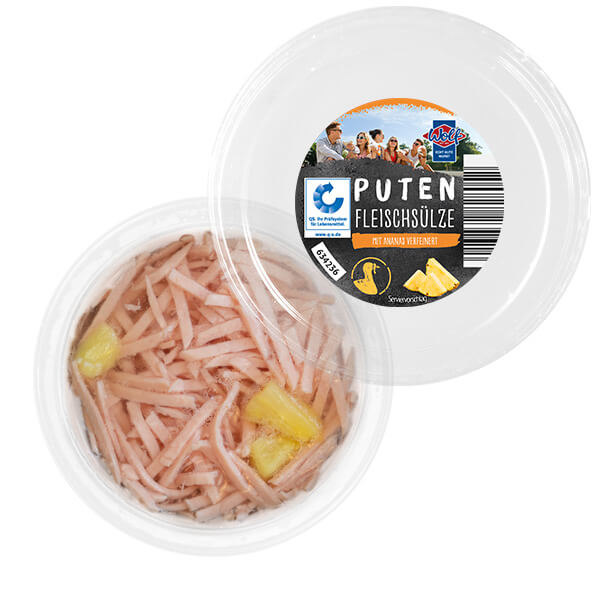 Wolf Produkt "Puten Fleischsülze" in einer runden Verpackung.