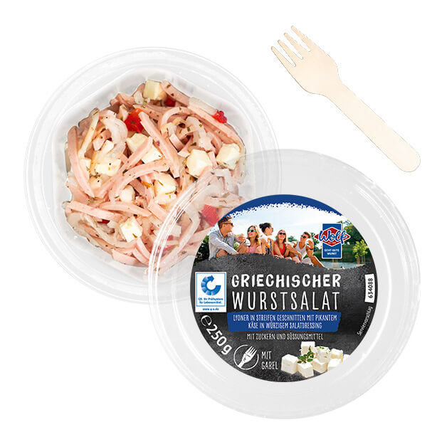 Wolf Produkt "Griechischer Wurstsalat" in einer runden Verpackung.