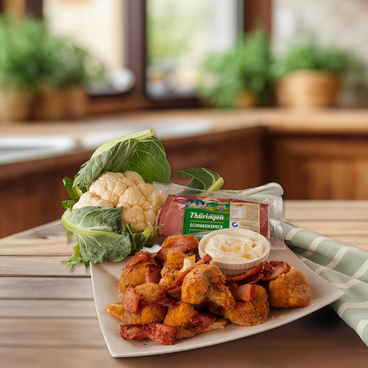 Knuspriger Blumenkohl mit Thüringer Schinkenspeck und Zitronen-Quark-Dip