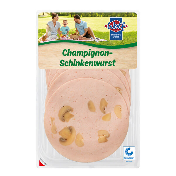 Das Wolfprdoukt "Champignon-Schinkenwurst", in einer durchsichtigen Verpackung.