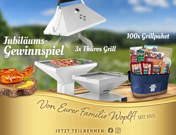 Anzeige zum 100 Jahre Jubiläumsgewinnspiel mit Bratwürsten, einem Grill und Grillpaket.