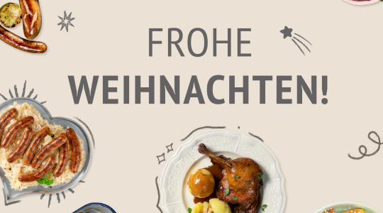 Frohe Weihnachten! Essensbilder wie Bratwürste, Rouladen, Entenkeule, Kaiserschmarrn