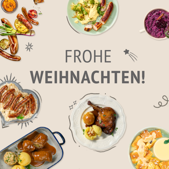 Frohe Weihnachten! Essensbilder wie Bratwürste, Rouladen, Entenkeule, Kaiserschmarrn