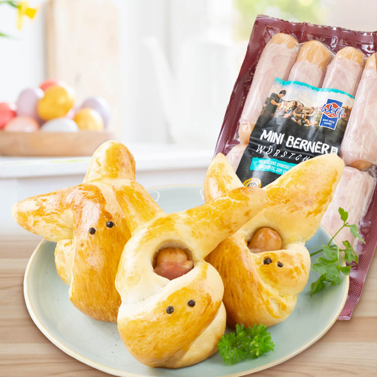 Hasen aus Hefeteig mit einer Füllung aus Mini Berner Würstchen