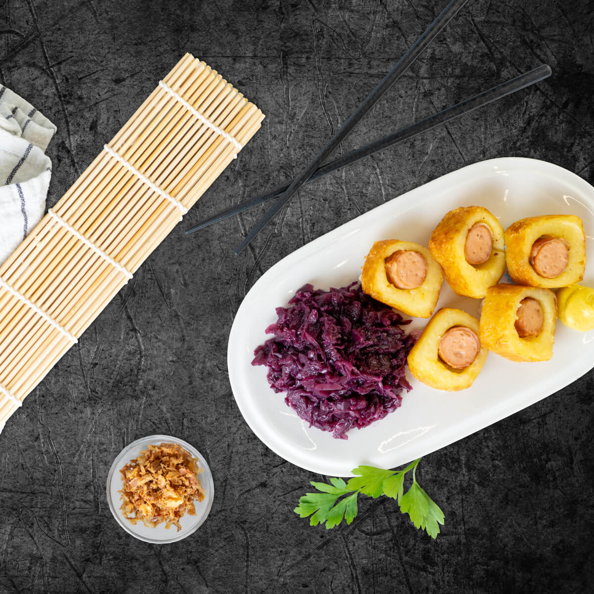 Knödel-Sushi mit Mini Berner Würstchen